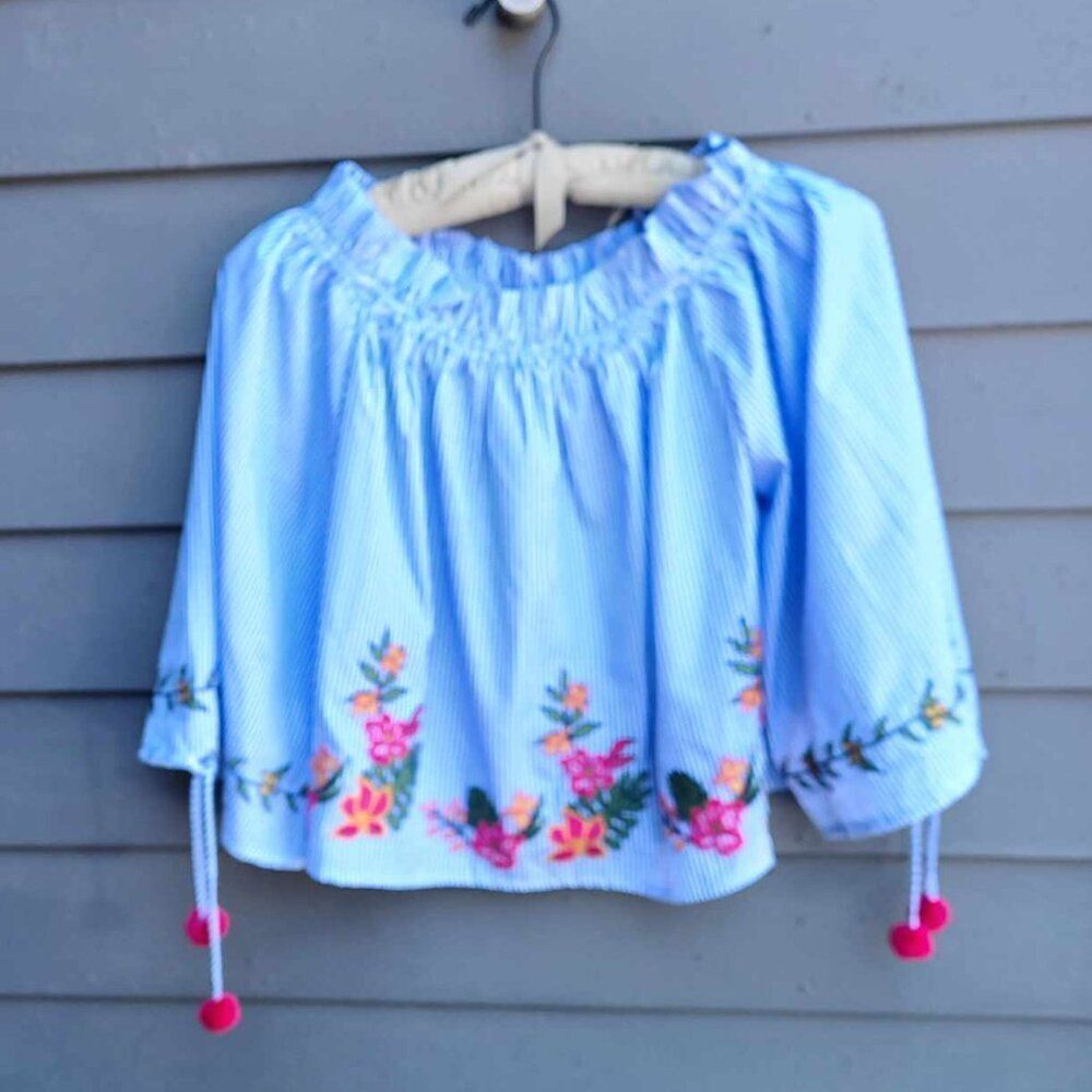 LUSH Blue White Stripe With Floral Embroidery Off Shoulder Top Small